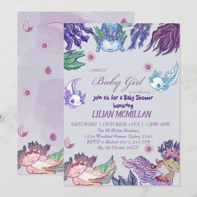 PURPLE AXOLOTL Baby shower Invitation fille (Devant / Derrière)