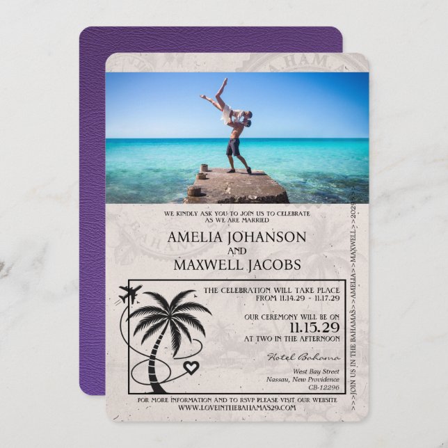 Purple Bahamas Passport Faire-part de mariage (Devant / Derrière)
