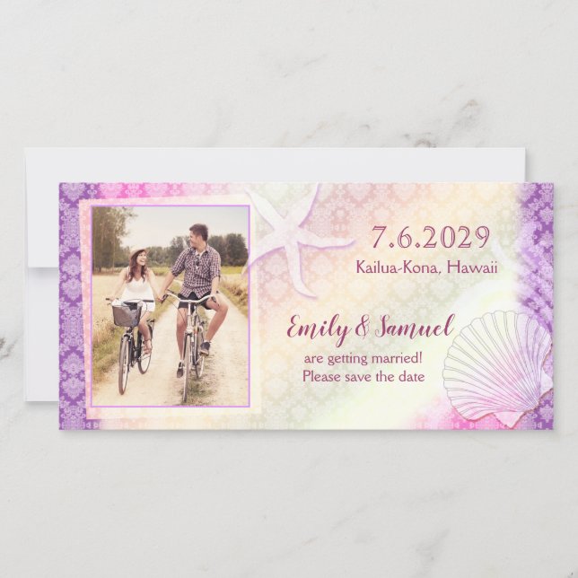 Purple Beach Wedding Enregistrer la date Carte pho (Devant)