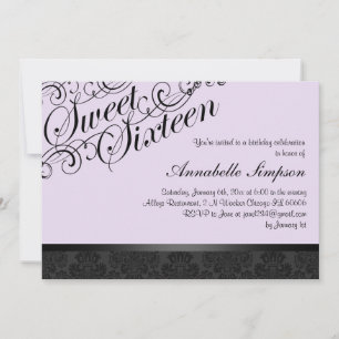 Purple & Black Chic Damask Sweet16 Invitation