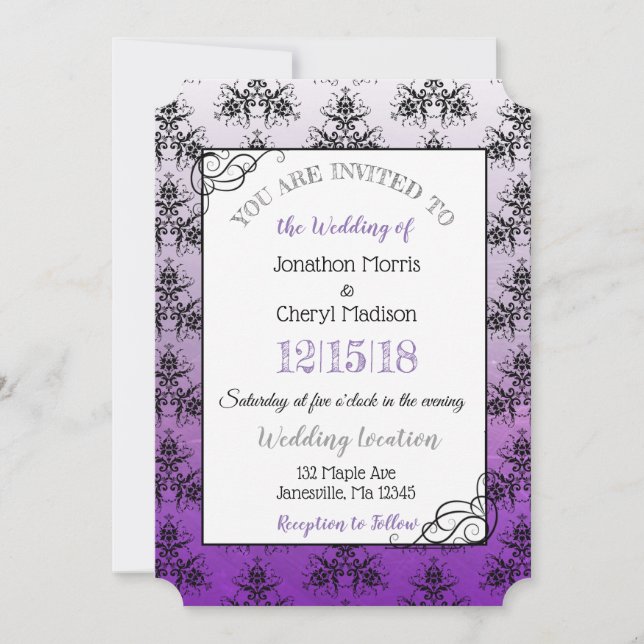 Purple Black Damask Classy Wedding invitations (Devant)