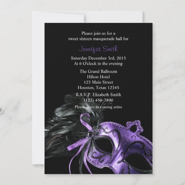 Purple Black Masquerade Sweet 16 Ball Invitation (Dos)