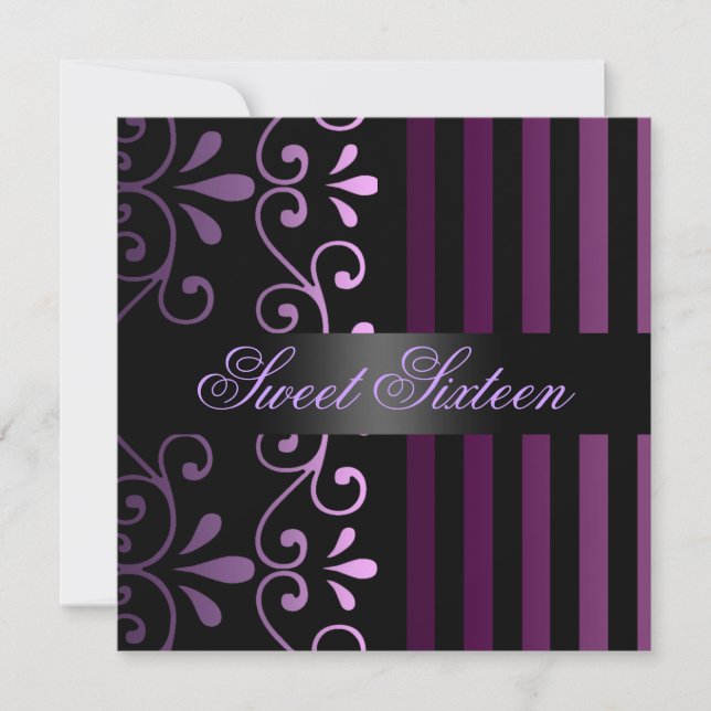 Purple/Black Stripe & Swirl Sweet 16 Invitation (Devant)