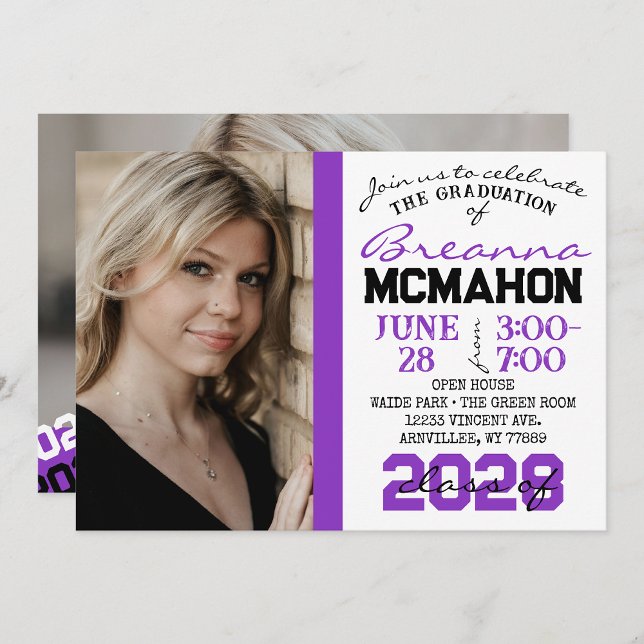 Purple Black White Graduation 2 Photo Invitation (Créateur téléchargé)