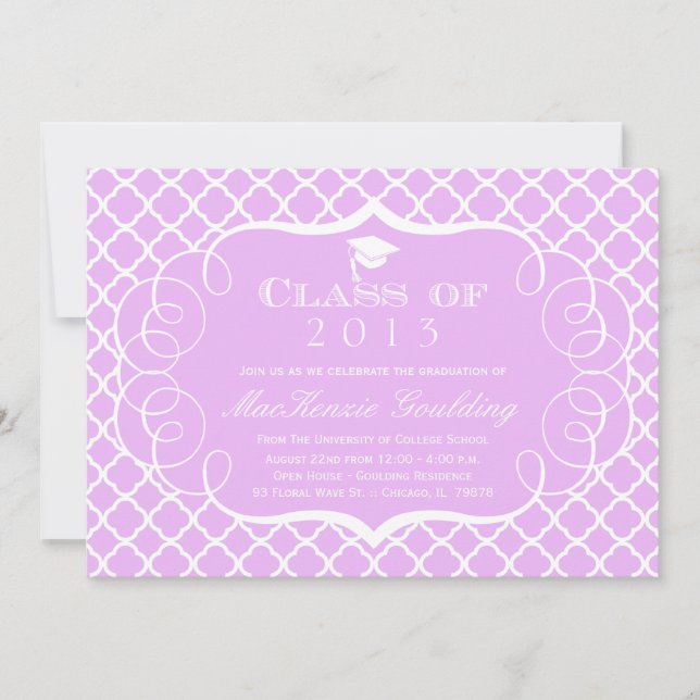 Purple + blanc quatrefoil graduation faire-part (Devant)