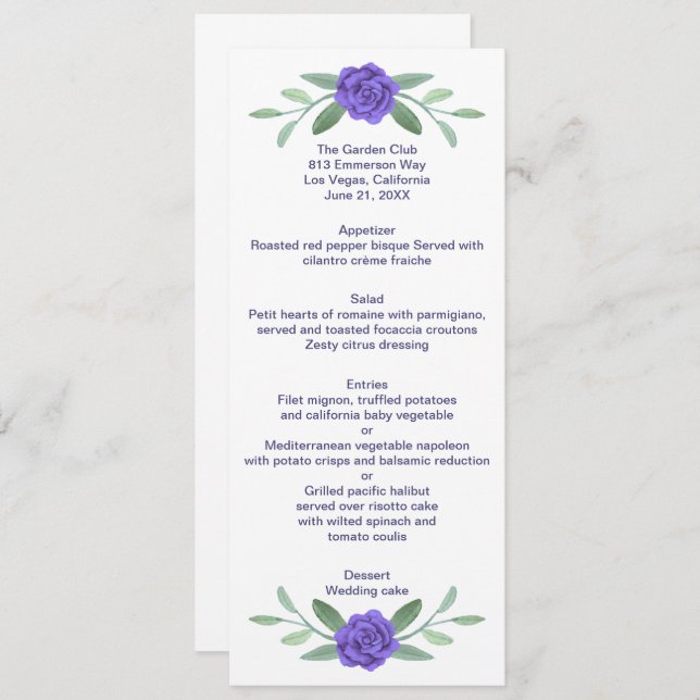 Purple Blue Floral Greenery Foliage Menu Mariage (Devant / Derrière)
