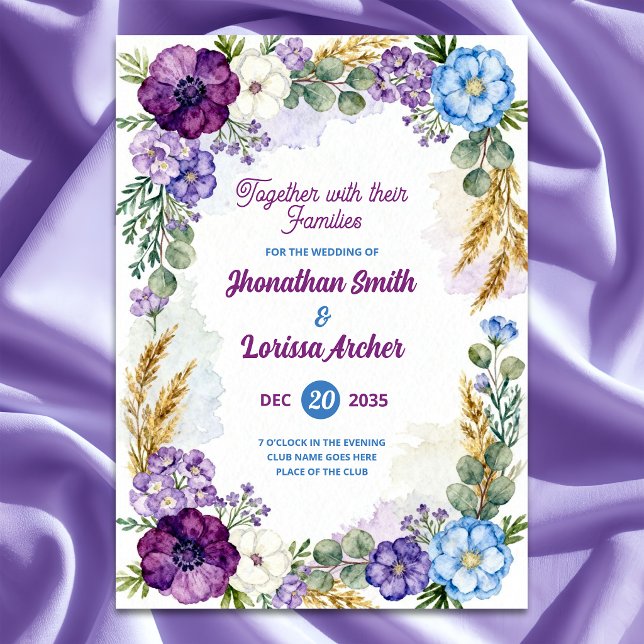 Purple & Blue Floral Watercolor Wedding Invitation (Créateur téléchargé)