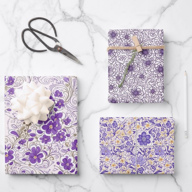 Purple Blue Grey Flora Art moderne Papier d'envelo (Recto)