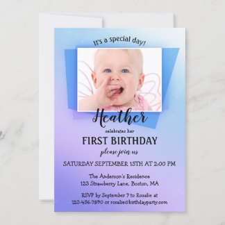 Purple Blue Photo First Birthday Party Invitation