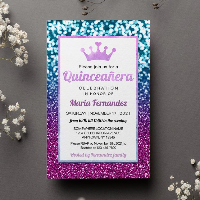 Purple Blue Princesse Quinceañera Bokeh Invitation (Créateur téléchargé)