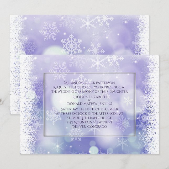 Purple Bokah Snowflakes Hiver Mariage Invitation (Devant / Derrière)