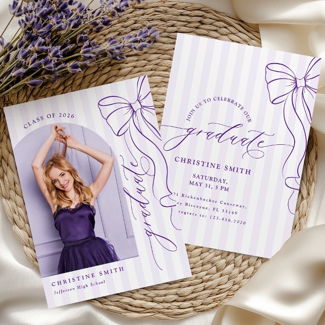 Purple Bow Stripes Graduate Photo Invitation (Créateur téléchargé)