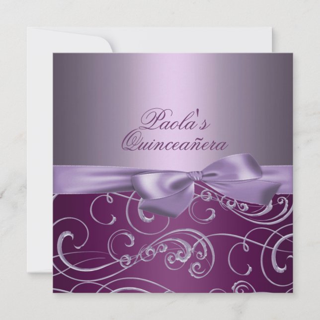 Purple Bows & Swirl Quinceañera Invitation (Devant)
