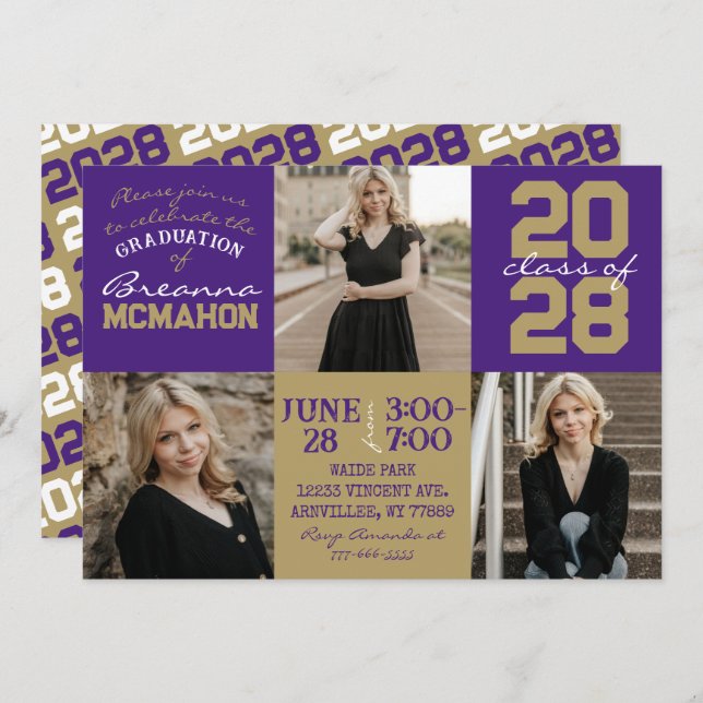 Purple & Bronze Gold 3 Photo Graduation Invitation (Devant / Derrière)