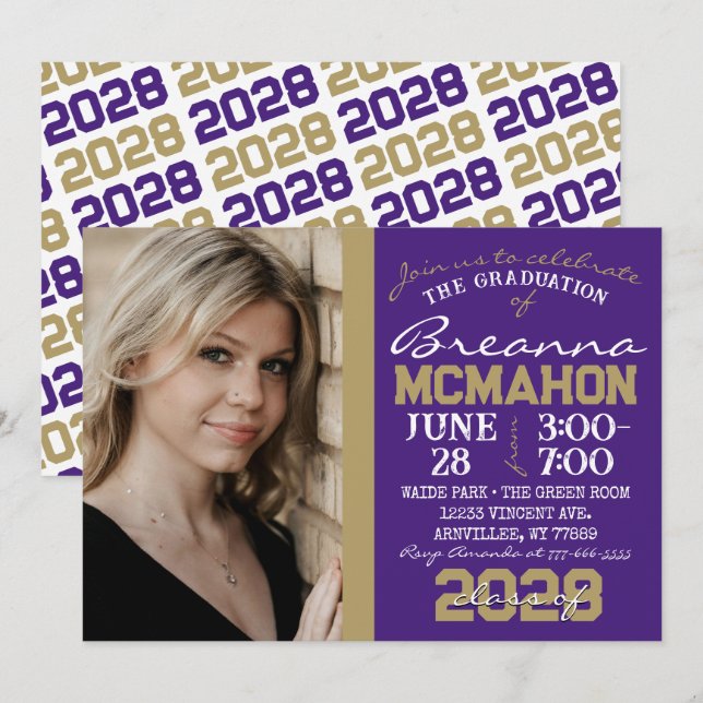Purple & Bronze Gold Graduation Photo Invitation (Devant / Derrière)