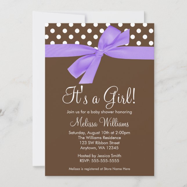 Purple Brown Bow Polka Dot Baby Shower Invitations (Devant)