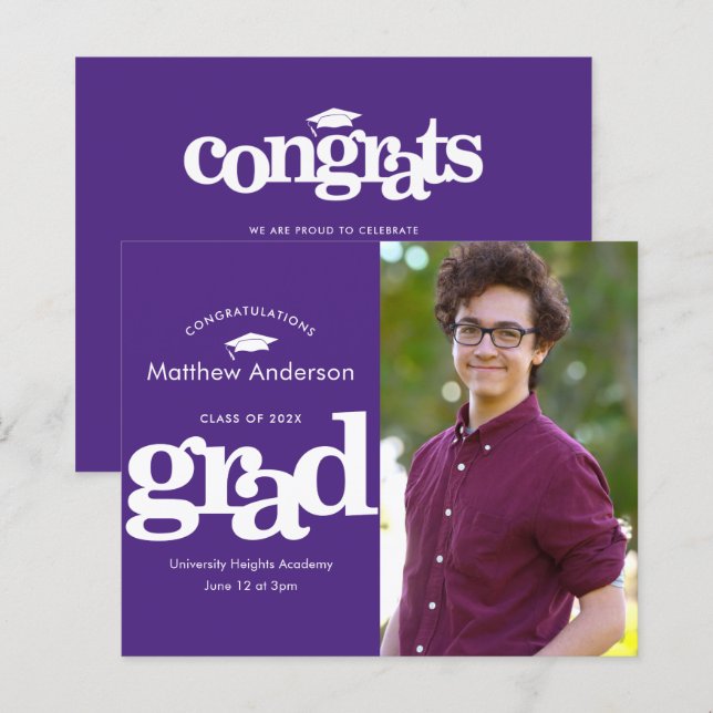 Purple budget photo graduation moderne invitation (Devant / Derrière)