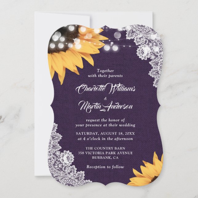 Purple Burlap dentelle tournesol Invitations de ma (Devant)