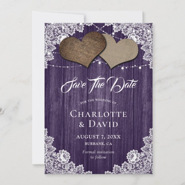 Purple Burlap Lace Wedding Enregistrer La Carte Da (Devant)