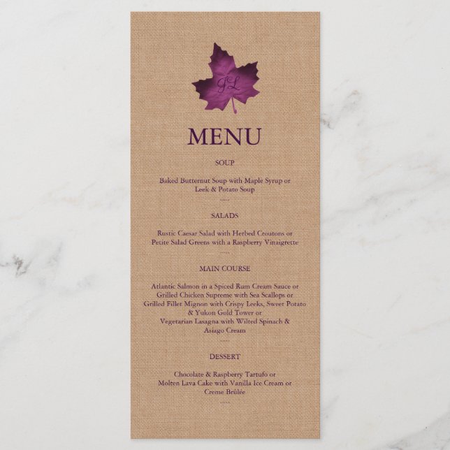 Purple Burlap Monogramme Menu (Devant)