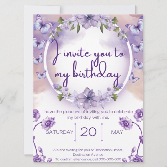 Purple butterflies birthday invitation (Devant)