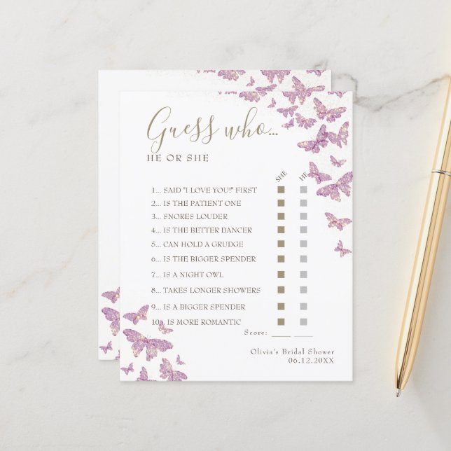 Purple Butterfly Boho Fête des mariées Devinez Qui (Devant/Arrière en situation)