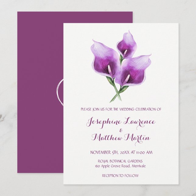 Purple Calla Lily Monogramme Mariage Invitations (Devant / Derrière)