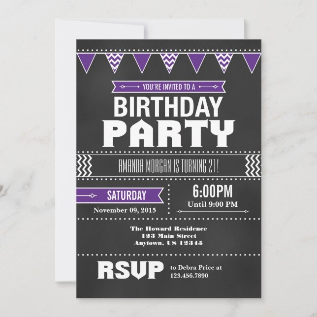 Purple Chevron Chalkboard Anniversaire Invitation (Devant)