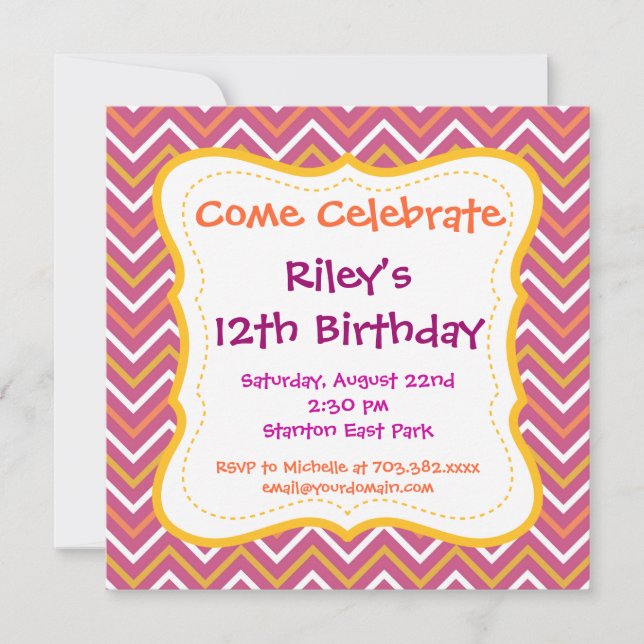 Purple Chevron Motif Invitations de fête d'anniver (Devant)