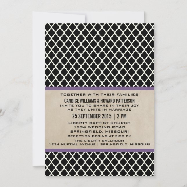 Purple Chic Quatrefoil Mariage Invitation (Devant)