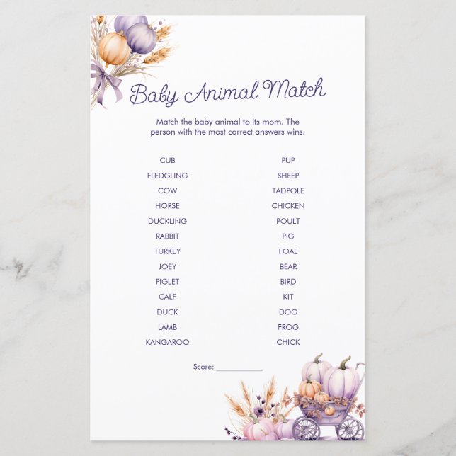 Purple Citrouille Baby Animal Match Baby shower Je (Devant)