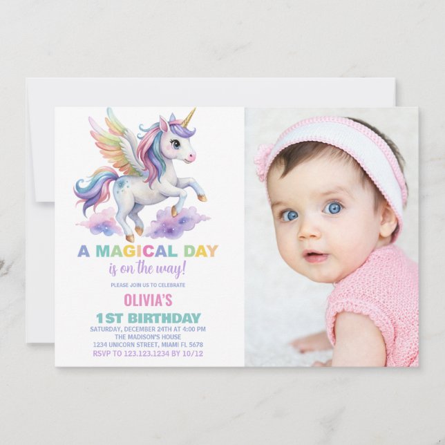 Purple Cloud Unicorn Anniversaire Invitations phot (Devant)