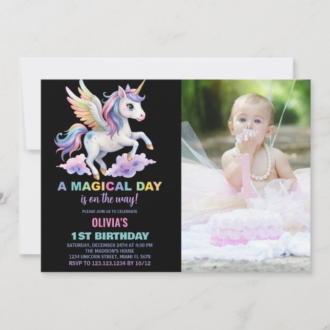 Purple Cloud Unicorn Anniversaire Invitations phot (Devant)