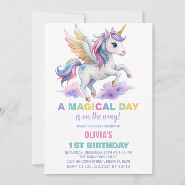 Purple Cloud Unicorn Invitations d'anniversaire (Devant)