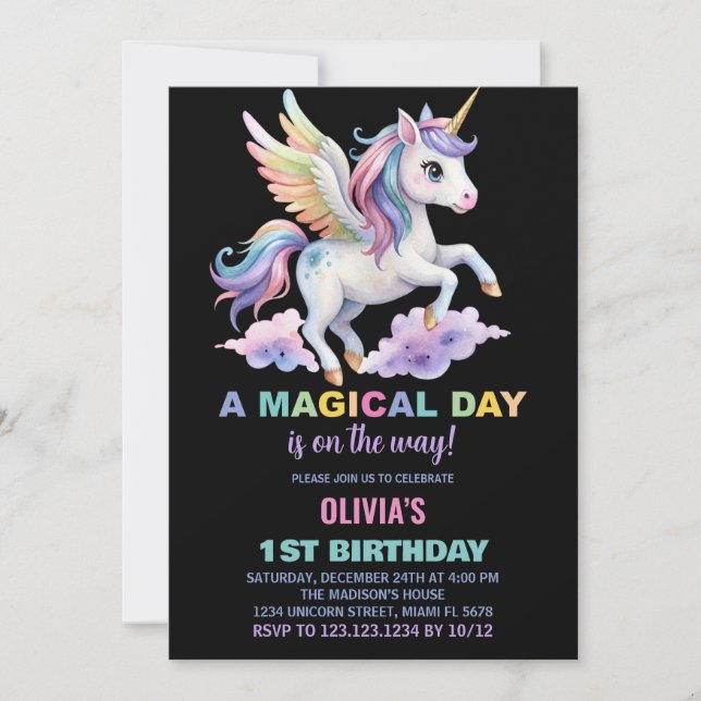 Purple Cloud Unicorn Invitations d'anniversaire (Devant)