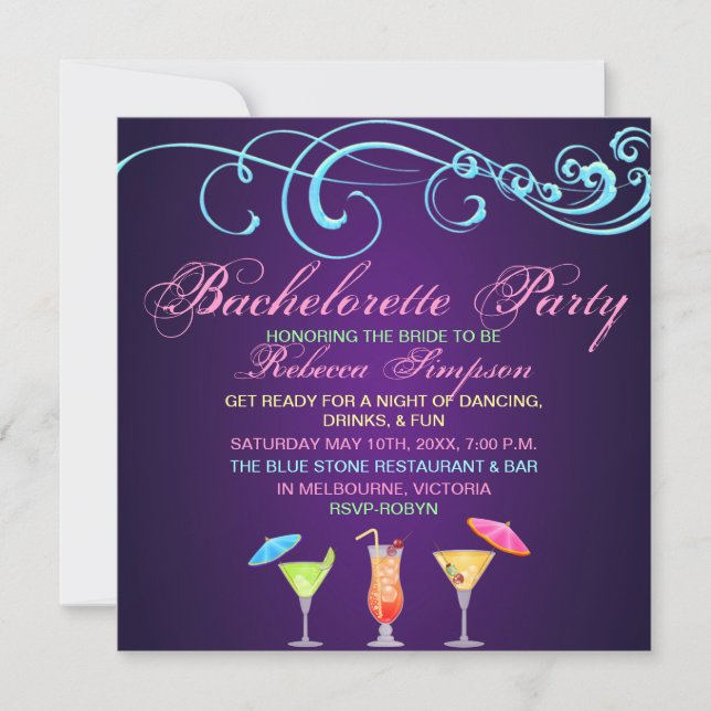 Purple Cocktail Time Bachelorette Party Invitation (Devant)