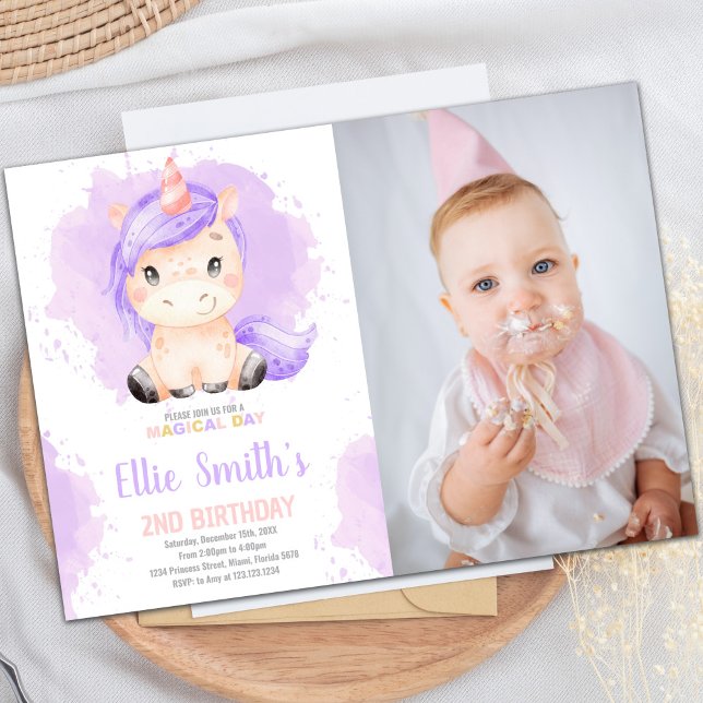 Purple Color Unicorn Anniversaire Invitations avec (Purple Color Unicorn Birthday Invitations w photo)