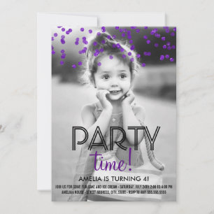 Purple Confetti Photo Invitation de fête d'anniver