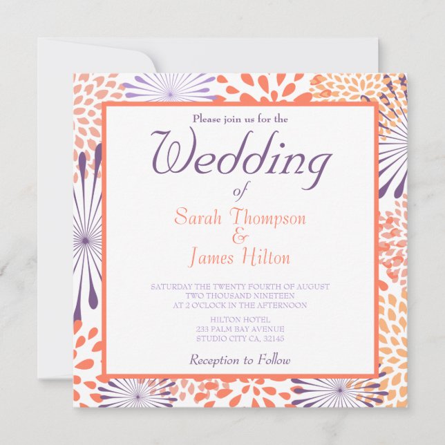 Purple & Coral Floral Blossoms Mariage Invitations (Devant)