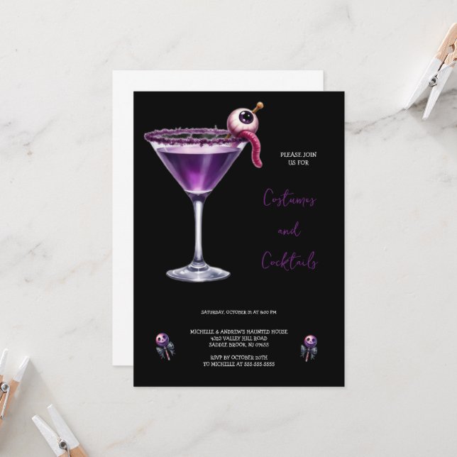 PURPLE COSTUMES COCKTAIL HALLOWEEN INVITATION (Devant/Arrière en situation)