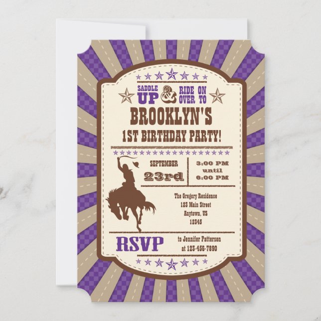 Purple Cowboy Rodeo Anniversaire Fête Invitation (Devant)
