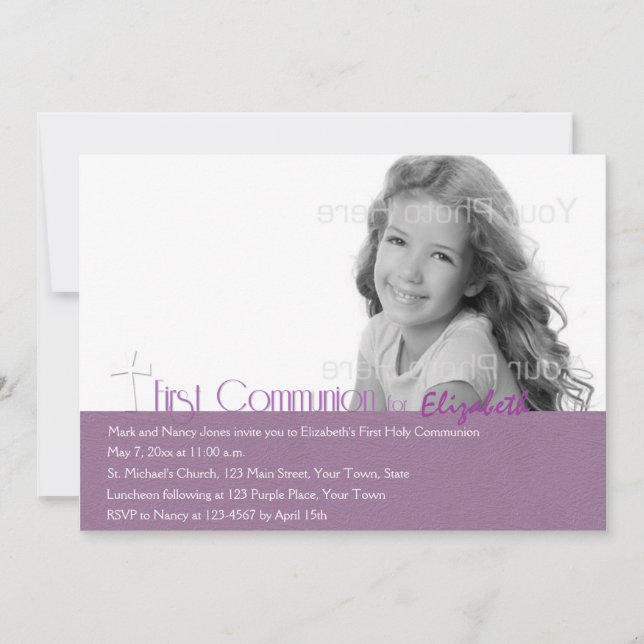 Purple, Cross, First Communion Photo Invitation (Devant)