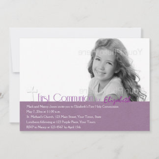 Purple, Cross, First Communion Photo Invitation
