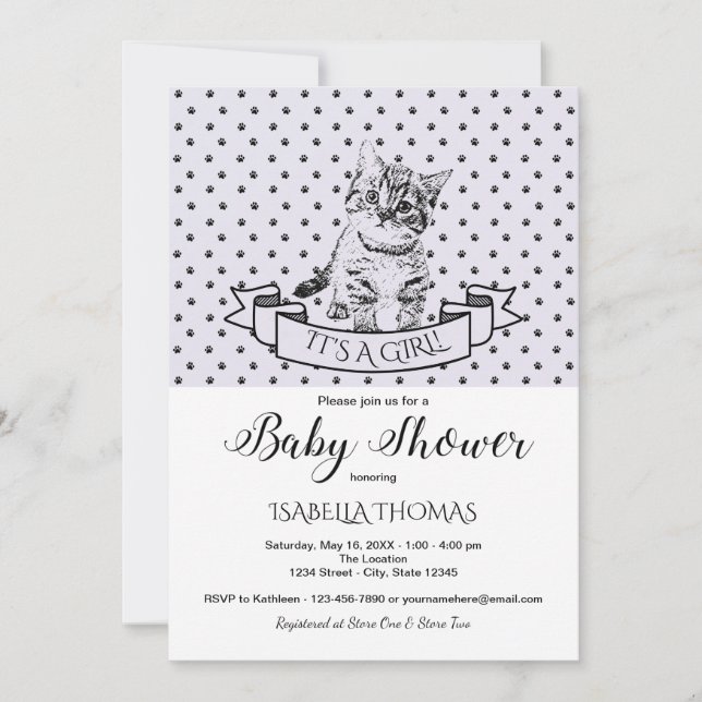 Purple Cute Kitten Baby shower Invitation (Devant)