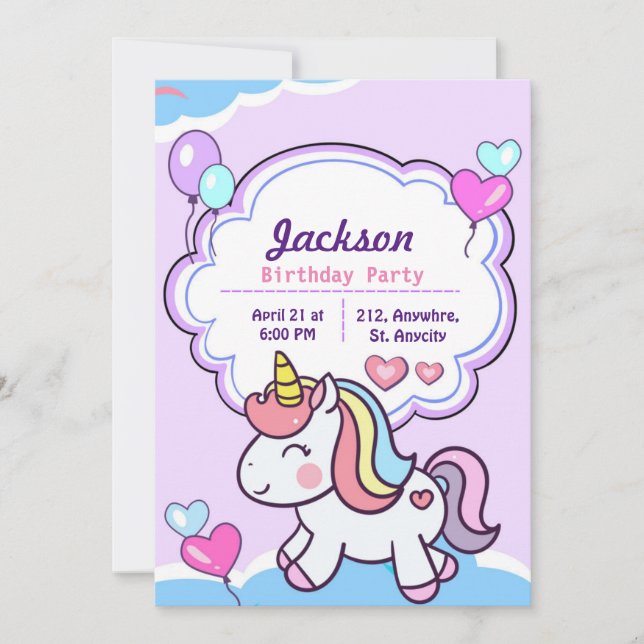 Purple Cute Unicorn Invitation Anniversaire (Devant)
