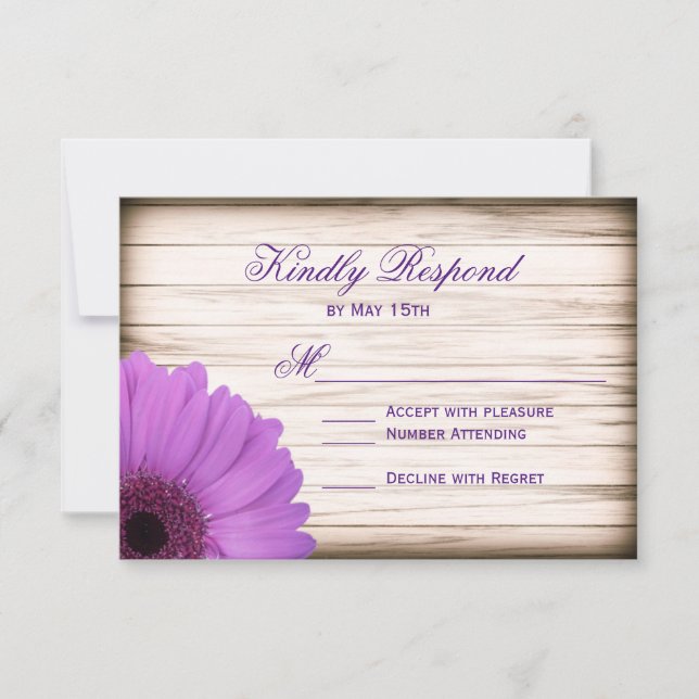 Purple Daisy Rustic Wood Wedding Cartes RSVP (Devant)