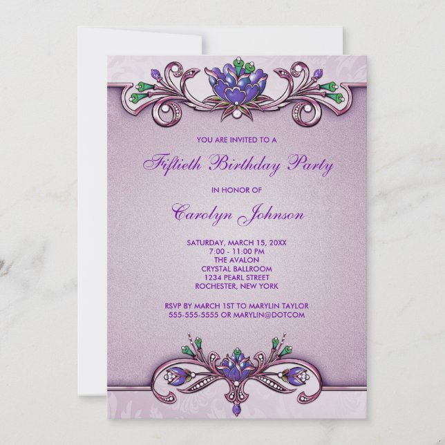 Purple Damask 50th Birthday Party Invitation (Devant)