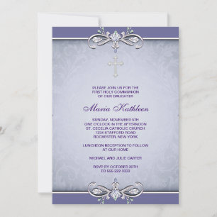 Purple Damask Cross First Communion Invitation