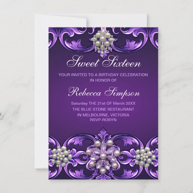 Purple Damask & Pearl Sweet 16 Invitation d'annive (Devant)