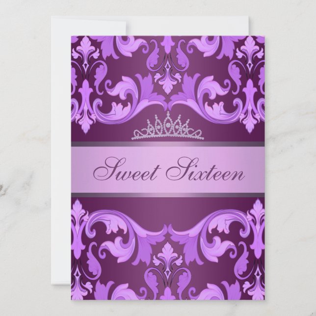 Purple Damask & Tiara Sweet16 Invitation d'anniver (Devant)